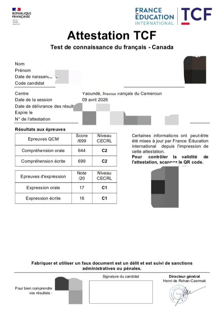 Attestation TCF Canada — session avril 2026