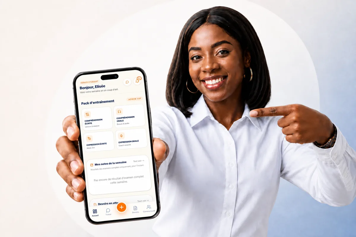 Étudiante IAG Academy montrant le dashboard étudiant sur son téléphone